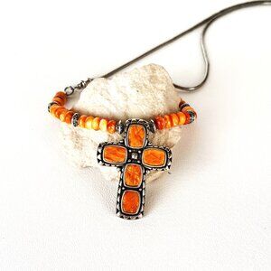 Western Necklace, Sterling Cross Necklace, Spiny Oyster Necklace